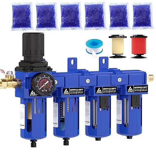 3/8 Inch NPT 4 Stage Air Drying System,Brass Filter, Coalescing Filter,Double Desiccant Dryers & Air Regulator,Metal Bowl, Semi-Auto Drain,Industrial Grade(Blue) - AquaVibe