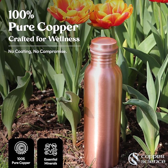 Pure Copper Water Bottle – 34Oz (1000 ml) – Handcrafted Smooth Finish Design, Leak-Proof – 100% Pure Copper Ayurvedic Metal Water Bottle for Benefits & Wellness