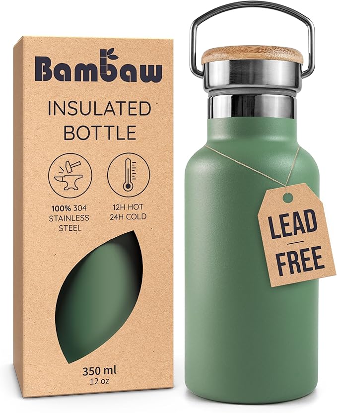 Bambaw Insulated Water Bottle 12 oz, Stainless Steel Water Bottle with Handle, For Hot & Cold Drinks, Rust-Resistant Metal, With Wide Mouth That Fits Tea Infusers (Sage Green)