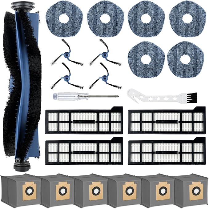 23 Pack X10 Pro Omni Replacement Parts for Eufy X10 Pro Omni Robot Vacuum, 1 Main Brush, 4 Hepa Filters, 4 Side Brushes, 6 Mop Pads, 6 Dust Bags, 1 Screwdriver 1 Cleaning Brush - AquaVibe