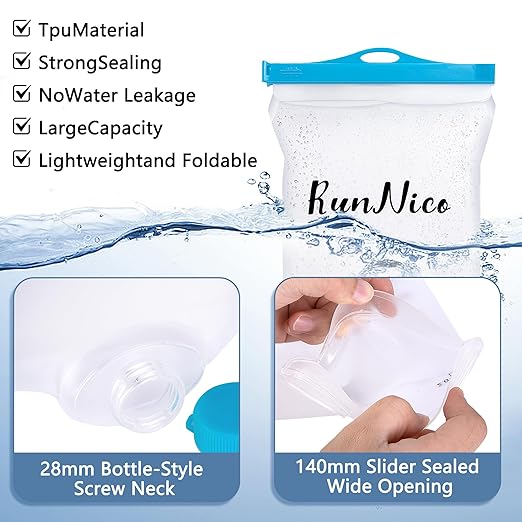 RunNico 2L/68oz Flow Water Filters Bag, Wide Mouth Water Storage Bag Compatible with 28mm Filter, Outdoor Foldable Water Filtration Reservoir for Expedition Camping Cycling Hiking Running (1 Pcs)