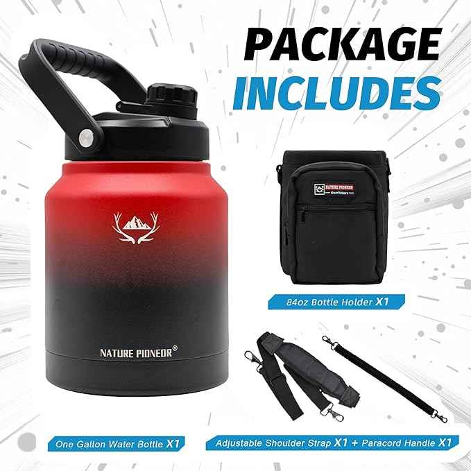 NATURE PIONEOR 84 oz Insulated Water Bottle - Double Vacuum Stainless Steel Water Jug with Holder/Carrier, Wide Mouth, Outdoor Sports, Hiking, Camping, Gym