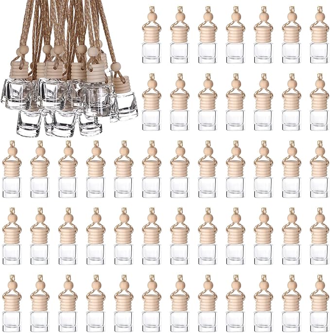 50Pcs Hanging Car Air Freshener Diffuser with Wooden Caps 8ML Empty Clear Car Diffuser Bottles Hanging Glass Essential Diffuser Oil Fragrance Perfume Pendant Glass Vial,Cylindrical