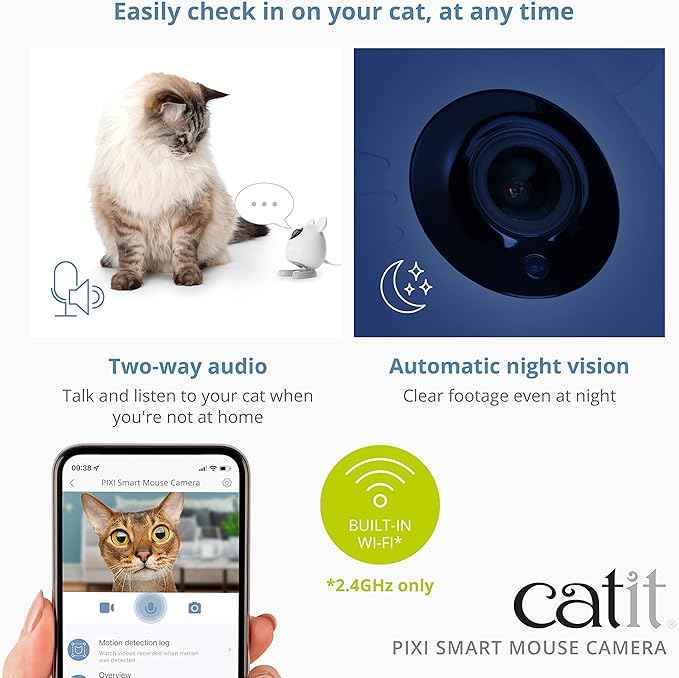 Catit PIXI Smart Mouse Pet Camera – App-Controlled 360 Camera for Cats with Night Vision, 2-Way Audio & Motion Detection – Record & Monitor Your Cat