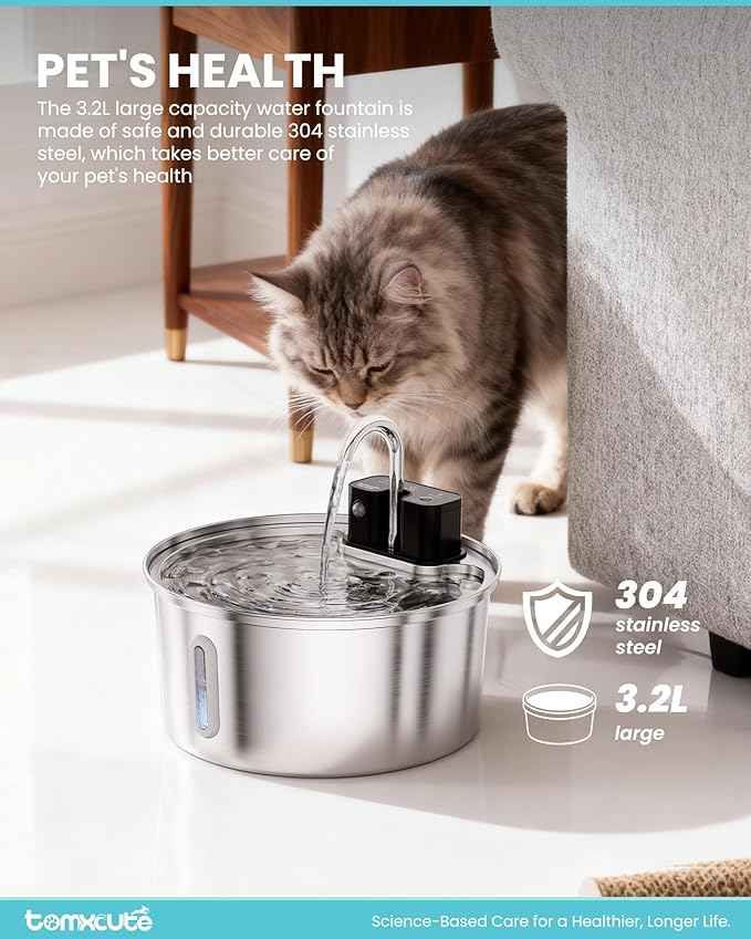 Wireless Cat Water Fountain - 108oz/3.2L Automatic Cat Water Fountain Cordless, Stainless Steel Battery Operated Pet Fountain Rechargeable Water Dispenser for Cats, Dogs, Multiple Pets