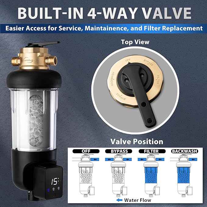 iSpring WSP50SL-ARJ-BP, NSF Certified, Whole House Spin Down Sediment Water Filter, 4 Modes Bypass, Includes Siliphos Helps Prevent Scale, Clear Housing, Jumbo Size, Touch-Screen Auto Flushing