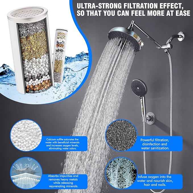 Rain Shower Head with Filter and Handheld, 8 Inch High Pressure and 3 Spray Modes Shower Head, Dual Showerhead Set with Extension Arm and 60 Inch Shower Hose, Shower Head Filter for Hard Water, Chrome