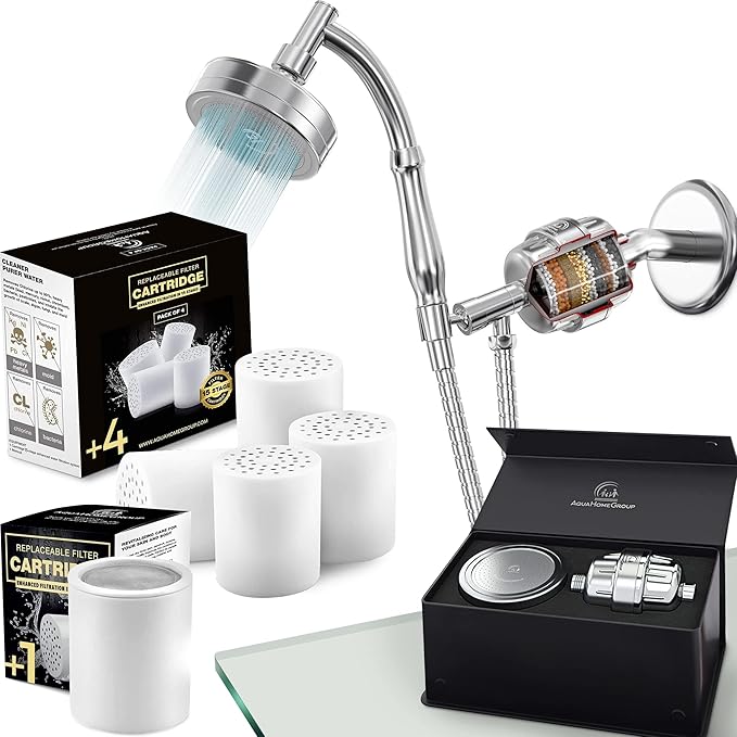 AquaHomeGroup Handheld Shower Head with Filter - 20 Stage Filtration Shower Filter for Hard Water - Vitamin C E and A and 4x filter cartridge and single filter cartridge bundle