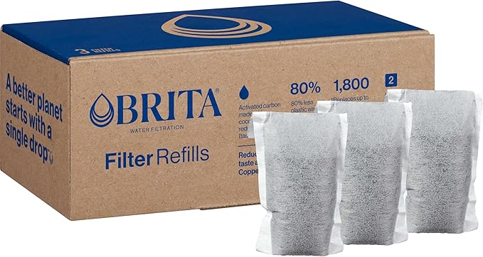 Brita Refillable Water Filter Refill Packs for Pitchers and Dispensers, BPA-Free, 80% Less Plastic*, Each Lasts Two Months, For Use with Refillable Shell (Sold Separately), 3 Filters