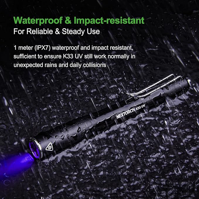 NEXTORCH K33 UV Pen Light, 365 nm Black Light Rechargeable Pocket Flashlight with Black Glass Filter & 1300 mW for Resin, Pet Urine Detection, Evidence Collection, Authentication, Hygiene Inspection