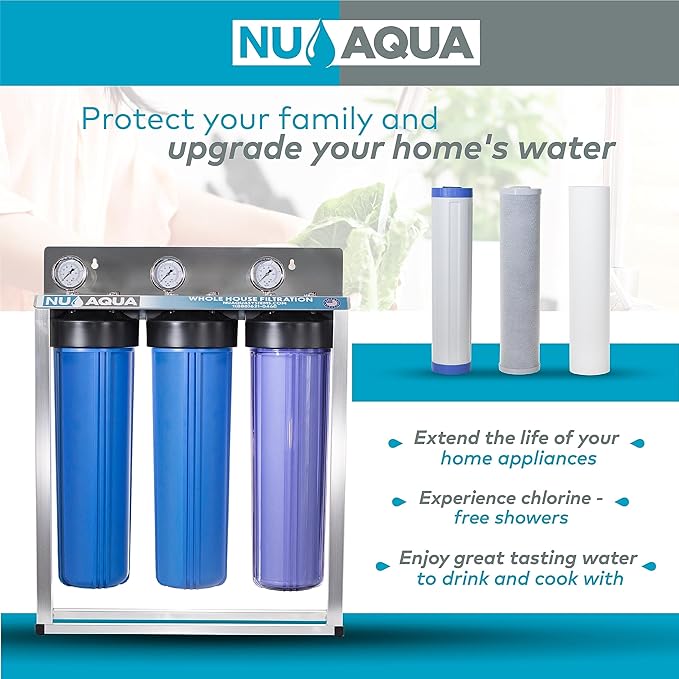 NU Aqua 7-Stage UV and Alkaline Under Sink Reverse Osmosis Water Filter System with Booster Pump + 3-Stage Whole House Water Filtration System - RO Filtration - Faucet & Tank