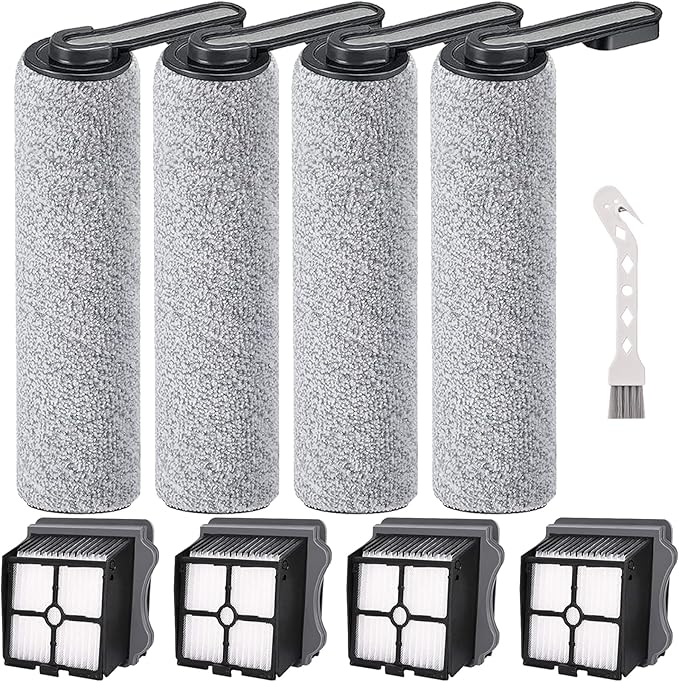 Brush and Filters Replacement Parts Accessories Compatible for Tineco Floor ONE S5/Floor One S5 Pro Cordless Vacuum Cleaner, 4 Roller Brushes, 4 Filters - AquaVibe