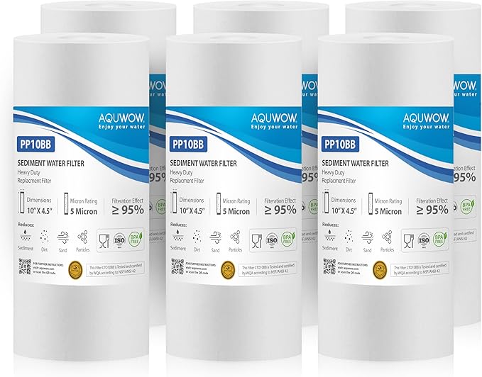 PP10BB 5 Micron 4.5" x 10" Filter Set – Sediment Replacement Cartridges for Whole House Water Filtration Systems, Universal Standard PP Filters (6, 10 x 4.5)
