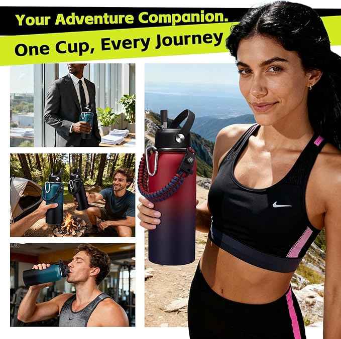 32oz Insulated Water Bottle Flask - Cold-48h & Hot-24h, Stainless Steel Water Bottle Hydro Cup with Paracord Handle, Straw & Spout Lids, Strap Carrier Bag, Meta Water Bottle for Sports Fitness Hiking