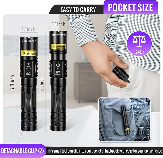 DARKBEAM UV Flashlight Blacklight 395nm Black Light, High Lumens LED Flashlights USB Rechargeable Super Bright for Camping, Powerful Woods Lamp Pet Urine, Uranium Glass Detector, Resin Curing