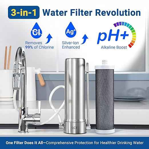 LCF Alkaline Countertop Water Filter, 𝐒𝐢𝐥𝐯𝐞𝐫 𝐈𝐨𝐧𝐬 Enhanced 6-Stage Stainless Steel Water Filter for Sink Faucet, Reduces Heavy Metals, Bad Taste & 99% Chlorine, 16,000 Gallons(2 Filters) - AquaVibe