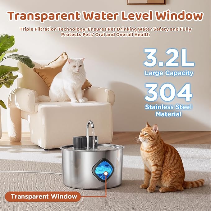3.2L Wireless Pet Water Fountain, 4000mAh Rechargeable Stainless Steel Dispenser with Infrared Sensor & 3-Stage Filtration, Ultra-Quiet Pump, Indoor & Outdoor Use for Cats & Dogs