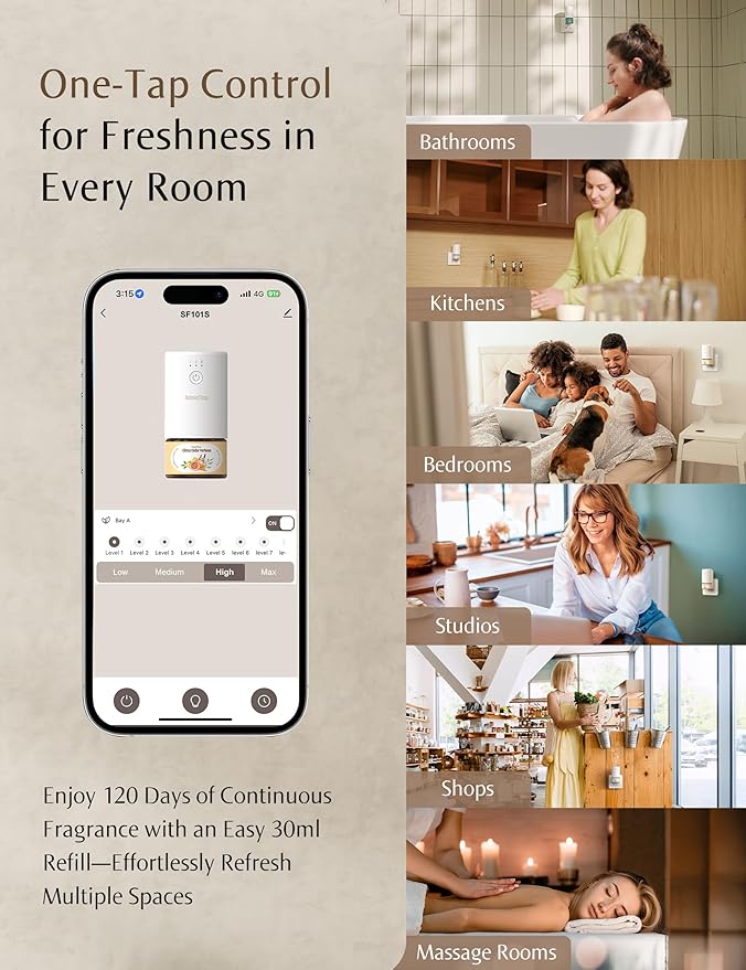 SF101S Smart Wi-Fi Waterless Ultrasonic Essential Oil Diffuser–100% Plant-Based,120-Day Natural Air Freshener & Aromatherapy Scent Diffuser Covers 100㎡ for Home,Hotel-Bergamot