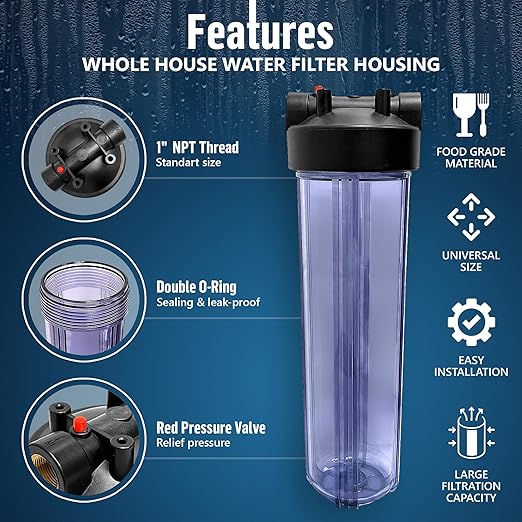 High Capacity 20 x 4.5” Whole House Filter Purifier System for Well or City Water, Presser Relief Button, 1” NPT Brass Port, Double O-Ring, Meets NSF Standards & Regulations (Transparent, 1 Set)