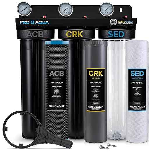 PRO+AQUA Elite Series GEN2 PRO-100-E 3-Stage Whole House Water Filtration System for City & Well Water with Pressure Gauges | Reduces Contaminants, Sediment, Chemicals, Heavy Metals, with 1” Ports