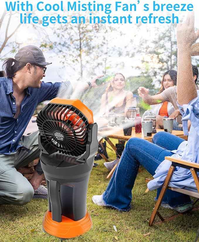 AVV Portable Misting Fan with RGB Ambient Light- 2L Water Tank, 4 Speeds & Spray Mist Fan, 30000mAh Rechargeable Misting Fans for Outdoor/Indoor Fans for Camping, Patio, Garden, Black-Orange