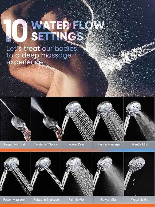 Pavezo® High Pressure Handheld Shower Head with Filter, ON/OFF Switch Pause Button, 10-mode Shower Head with Hard Water Softener Filters, SS Hose, Anti-clog & Powerful Clean Tile & Pet, Premium Chrome