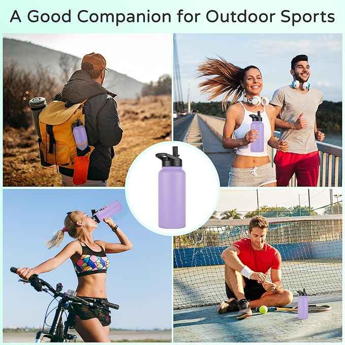 DOMICARE 32 oz Insulated Water Bottle Bulk, Vacuum Insulated Stainless Steel Sports Water Bottle with Straw Lid & Spout Lid, Leakproof, Reusable - Travel, Camping, Bike, Purple (4 Pack)