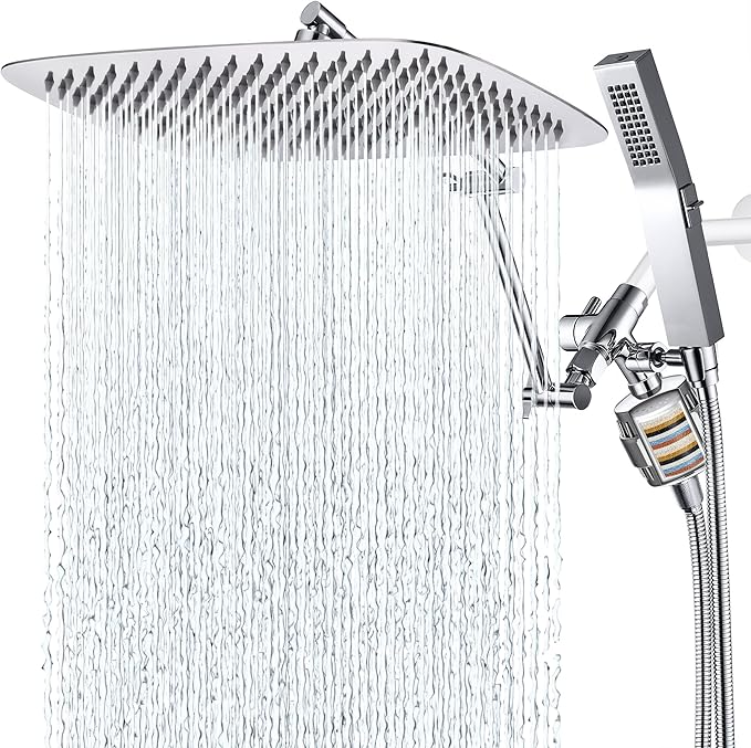 G-Promise All Metal Rainfall Shower Head with Handheld Spray Combo, 16 Stage Shower Filter For Hard Water, Reduces Chlorine and Fluoride, Improves Dry Skin (Chrome)