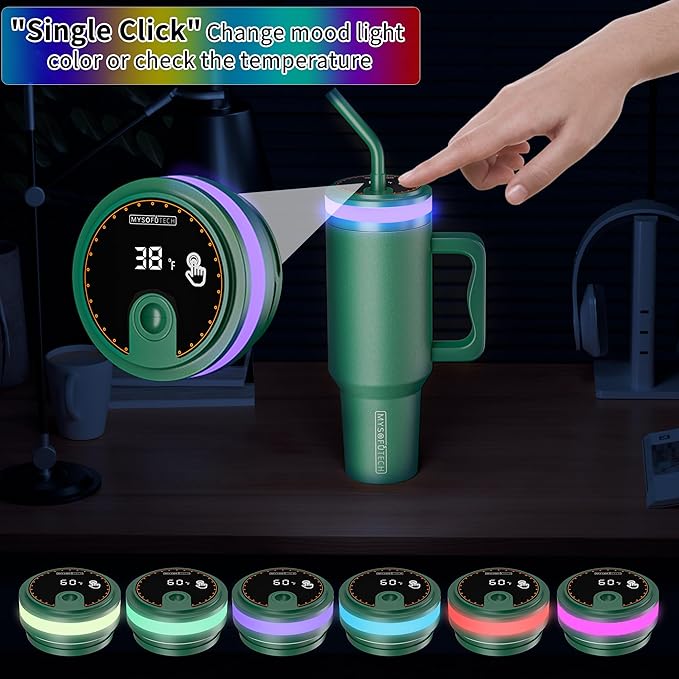 Water Reminder Bottle With Light,USB-C Rechargeable,RGB LED Lights Around the Lid,40oz,Insulated Stainless Steel，Ideal Gift for Valentine‘s Day (Forest)