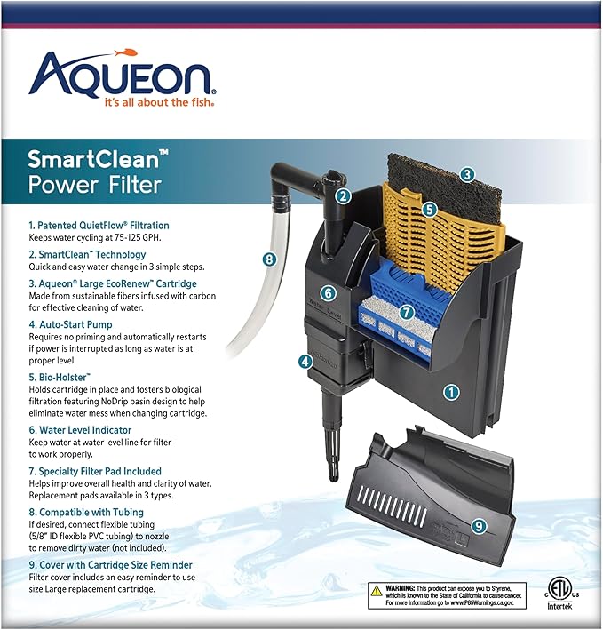 Aqueon SmartClean Power Filter with EcoRenew Filter Cartridge, Quick and Easy Water Changes, Quiet Operation, Adjustable Flow, for 20-30 Gallon Freshwater and Saltwater Aquariums, Large - AquaVibe