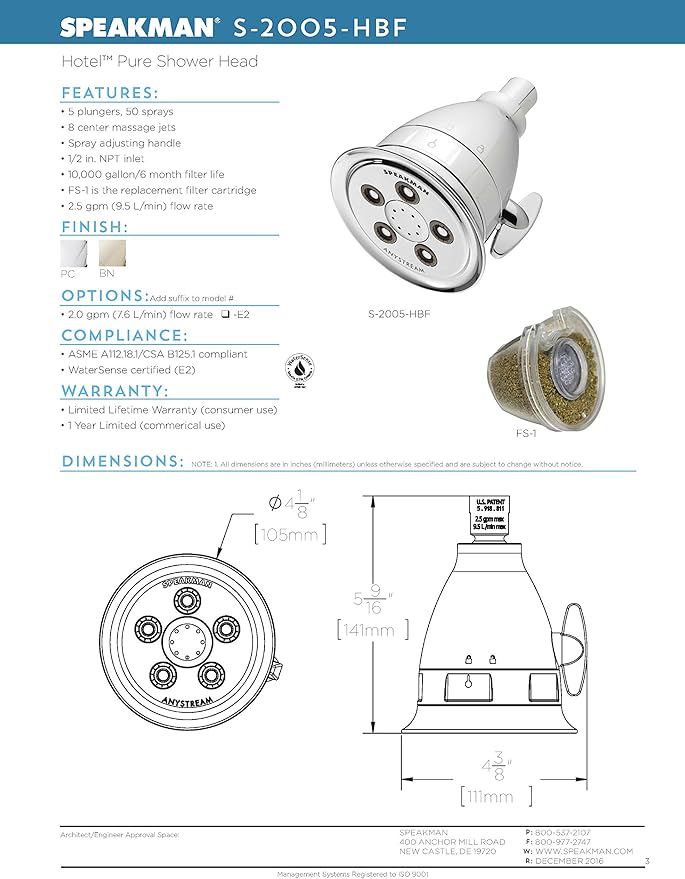 Speakman S-2005-HBF Hotel Pure Luxury Filtered Shower Head with Massage Setting, 2.5 GPM, Polished Chrome
