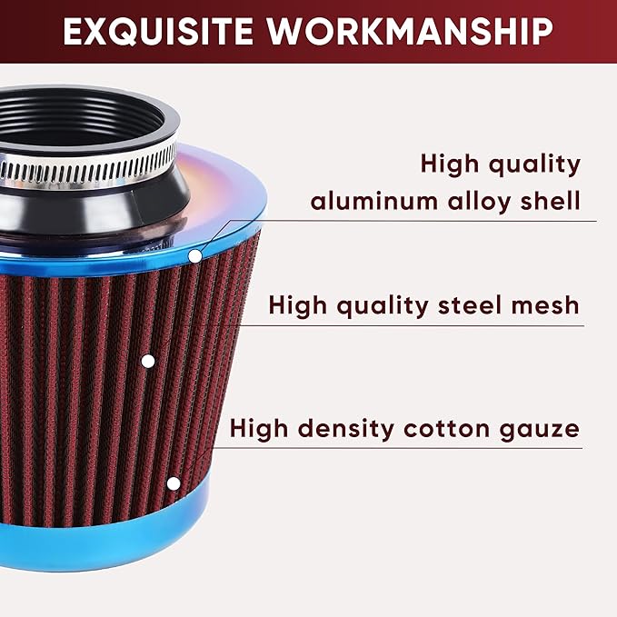 Universal Cold Air Intake Filter Clamp-On Replacement Air Filter Flange Diameter 3 inches/76mm High Performance Washable Filter Red