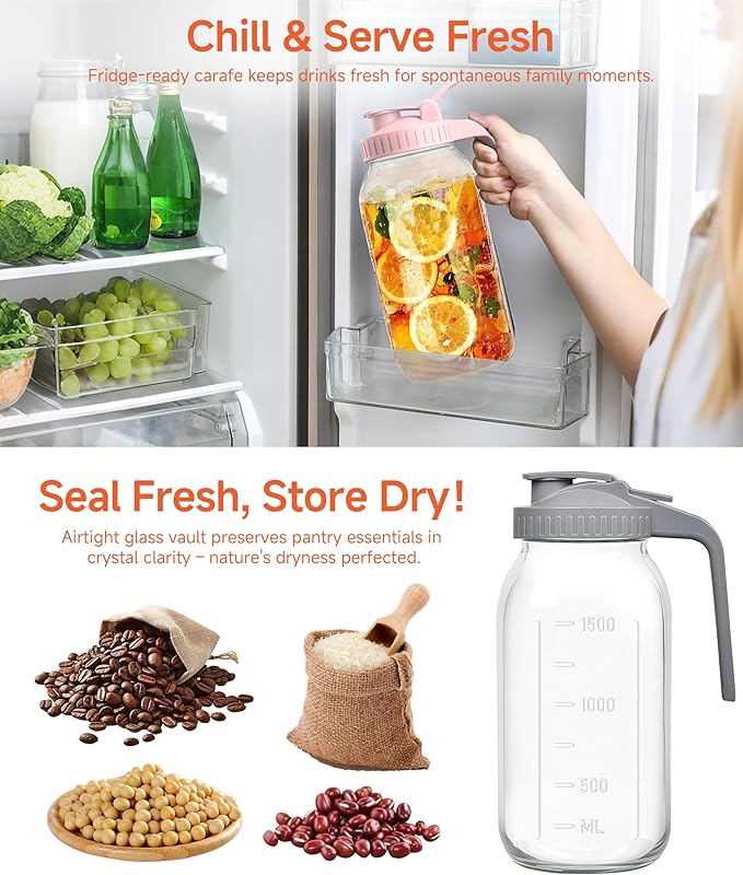 2 Quart Wide Mouth Glass Pitcher with Lid, 64oz Mason Jar Pitcher, Leak-proof Iced Tea Pitcher,Heavy Duty Container for Fridge Sweet Tea,Juice,Cold Brew Coffee,Breastmilk Storage Drinks-1PACK/Blue