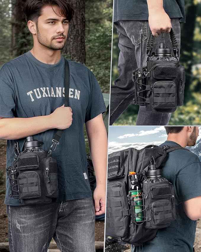 64 oz Insulated Water Bottle with Sleeve, Half Gallon Stainless Steel Tactical Water Jug Large Military Water Bottle with 3-IN-1 Pouch/3 Lids/Straw/Paracord Handle for Gym, Camping, Workout
