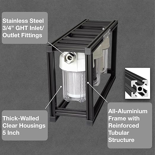 S3 Mini External 3-Stage RV Fresh Water Filter System, Compact, 5 Inch Filters, 3/4" GHT Stainless Steel Fittings, Reduce Sediment, Chlorine, Odor, All Aluminium Free-Standing Chassis, Clear