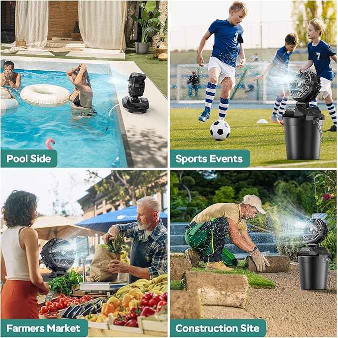 Portable Misting Fan for Outdoors Patios - 30000mAh Rechargeable Battery Powered Camping Fan, 4 Spray Mister with Timer, Fits 10-13" Bucket, 4 Speed, 90° Auto Oscillation for Garden Sports Travel Golf