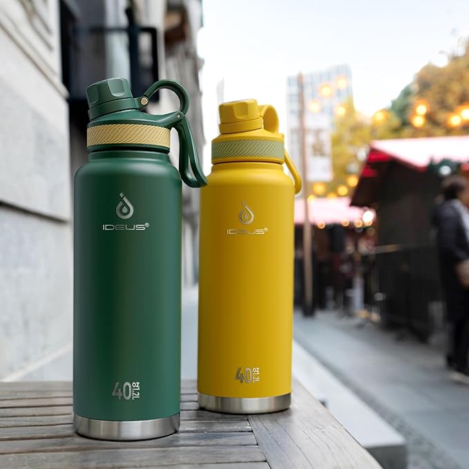 IDEUS Insulated Stainless Steel Water Bottle with 2 Leak-Proof Lids, Thermal Water Flask for Hiking Biking, 40oz, Green