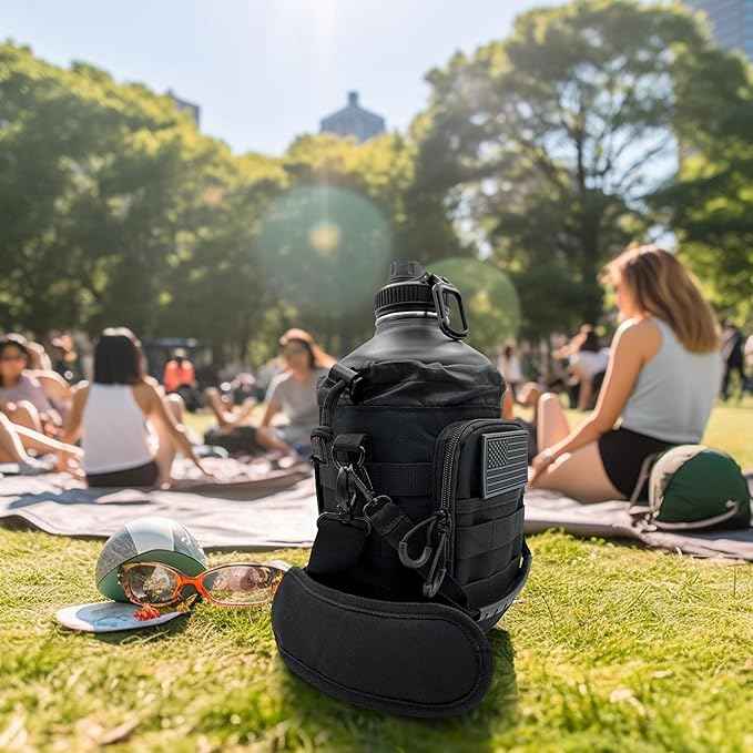 1 Gallon Water Bottle - 128 Oz Insulated Stainless Steel Metal Water Bottle with Holder - Carrying Bag - Spout Handle - Straw Lids - Keep Cold & Hot - Black Tactical Flask