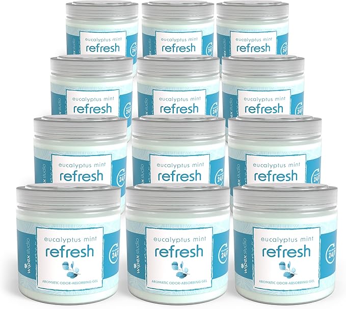 Wipex Odor Eliminator for Home - Eucalyptus & Mint Odor Absorber, 15 Oz Gel Jar, Long-Lasting Freshness, Ideal for Rooms, Offices, and Yoga Studios, Effective Odor Eliminator, 12pk