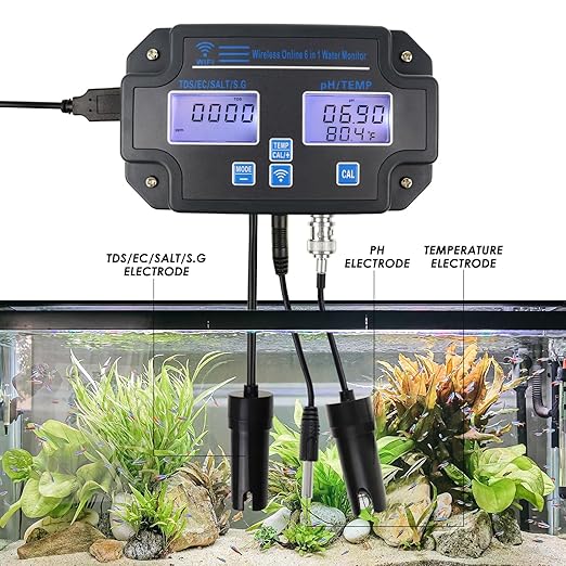 Professional 6-in-1 Water Quality Monitor Tests pH, TDS, EC, Salinity, SG, Temperature Wi-Fi Smart Sensor with App & Data Logging for Aquarium, Fish Pond, Hydroponics