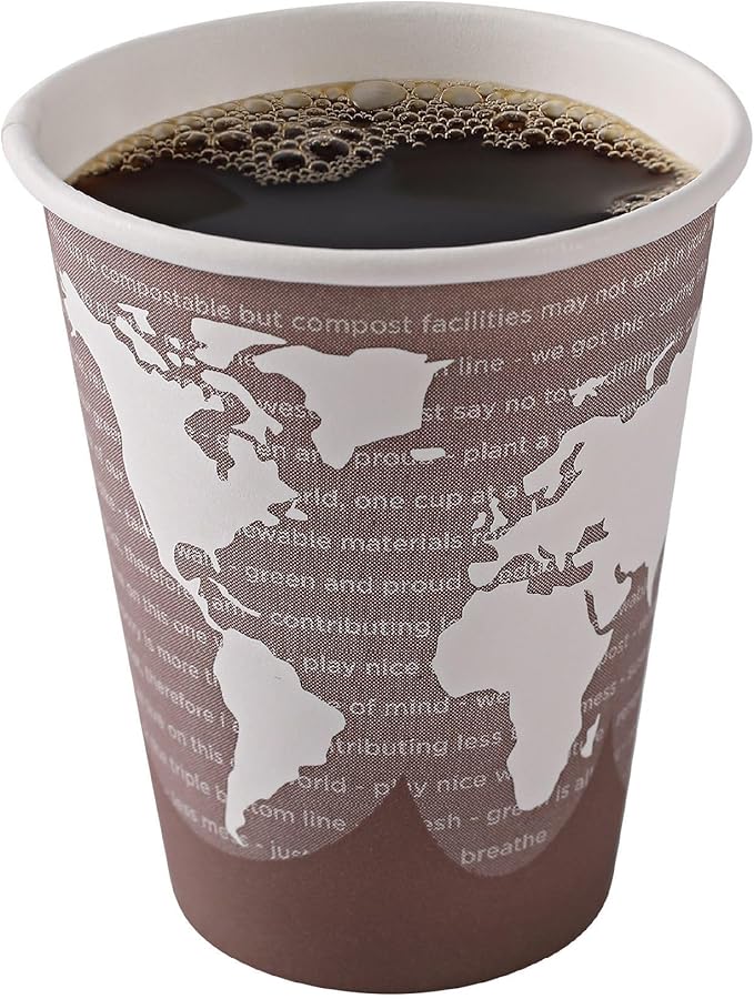 ECO PRODUCTS Compostable Disposable World Art 8oz Small Coffee Cups, Case of 1000, Renewable Hot Paper Cup, Plant Based PLA Lining, Color Coded
