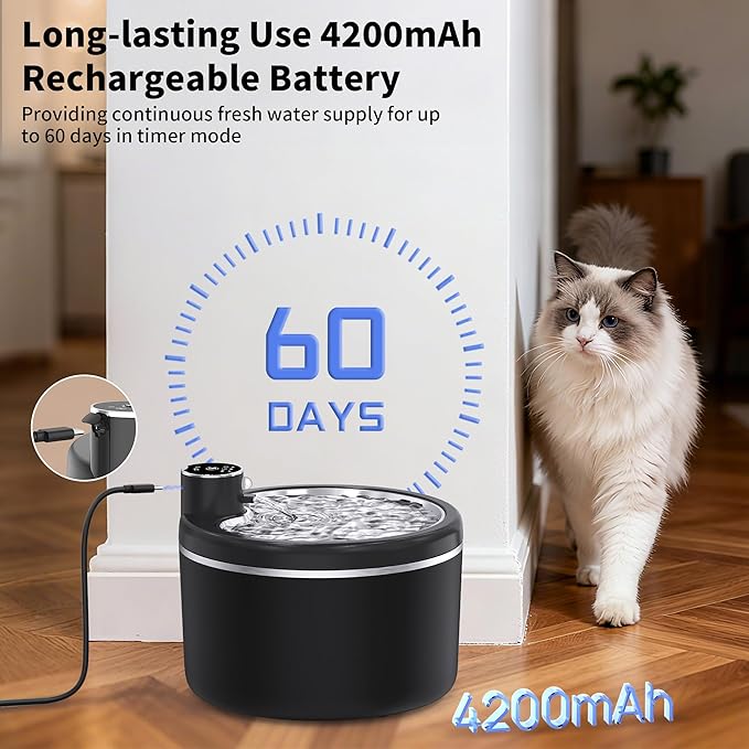Cat Water Fountain Cordless, 108oz/3L Pet Fountains for Cats Indoor with Stainless Steel Tray, Battery Operated Cat Drinking Fountain with Motion Sensor, Ultra Quiet Pump (Black)