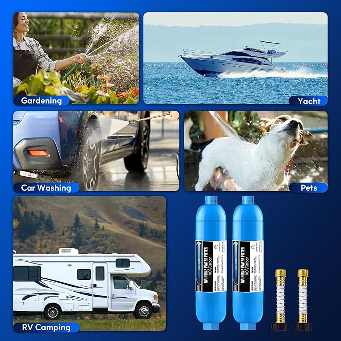 RV Inline Marine Water Filter, Reduces Chlorine, Bad Taste, Odor for RVs,NSF Certified with Flexible Hose Protector,Pack of 2