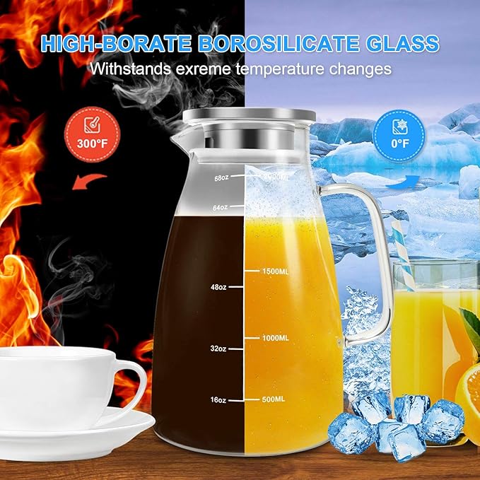 Aofmee Glass Pitcher, 68oz Water Pitcher with Lid and Precise Scale Line, 18/8 Stainless Steel Iced Tea Carafe, Easy Clean Heat Resistant Borosilicate Jug for Juice, Milk, Cold or Hot Beverages