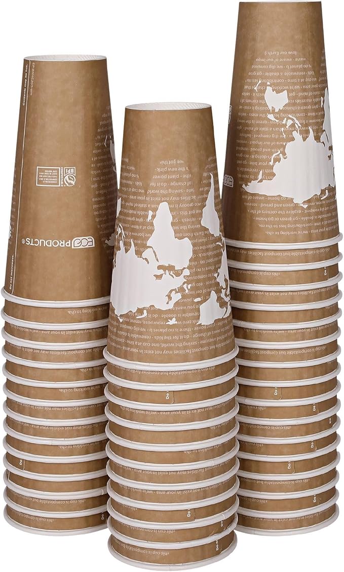 ECO PRODUCTS Compostable Disposable Insulated World Art 20oz Large Coffee Cups, Pack of 40, Renewable Double-wall Hot Paper Cup, Plant Based PLA Lining, No Sleeves Needed, Lid Available, Color Coded
