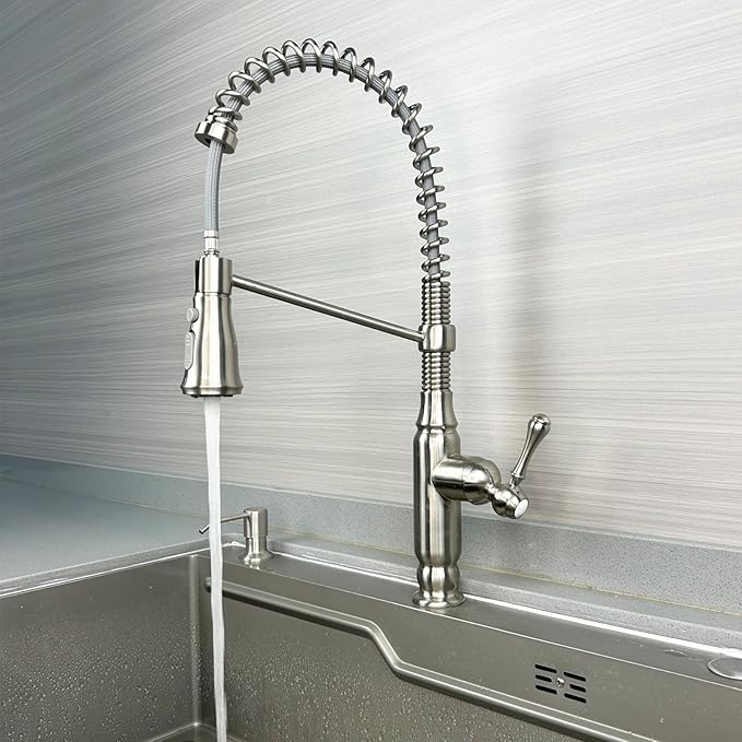 Kitchen Faucet Brushed Nickel, High Arc Spring Single Handle Brass Body 3-Function Kitchen Sink Faucet for Farmhouse Laundry Commercial Modern RV Bar Faucet Kitchen