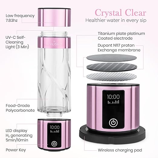 Wellness Frequency Hydrogen Bottle - Up to 4000+ PPB with UV Light Cleaning Technology and Wireless Charging Pad - Electric Water Bottle - Featuring 10 OZ Portable Capacity - SPE PEM Tech