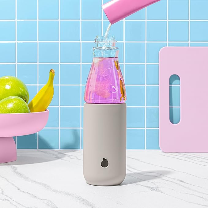 S'well Glass Original Water Bottle, 18oz, Lunar Grey, Borosilicate Glass Bottle With Protective Silicone Sleeve, Zero Plastic, Leakproof, BPA Free