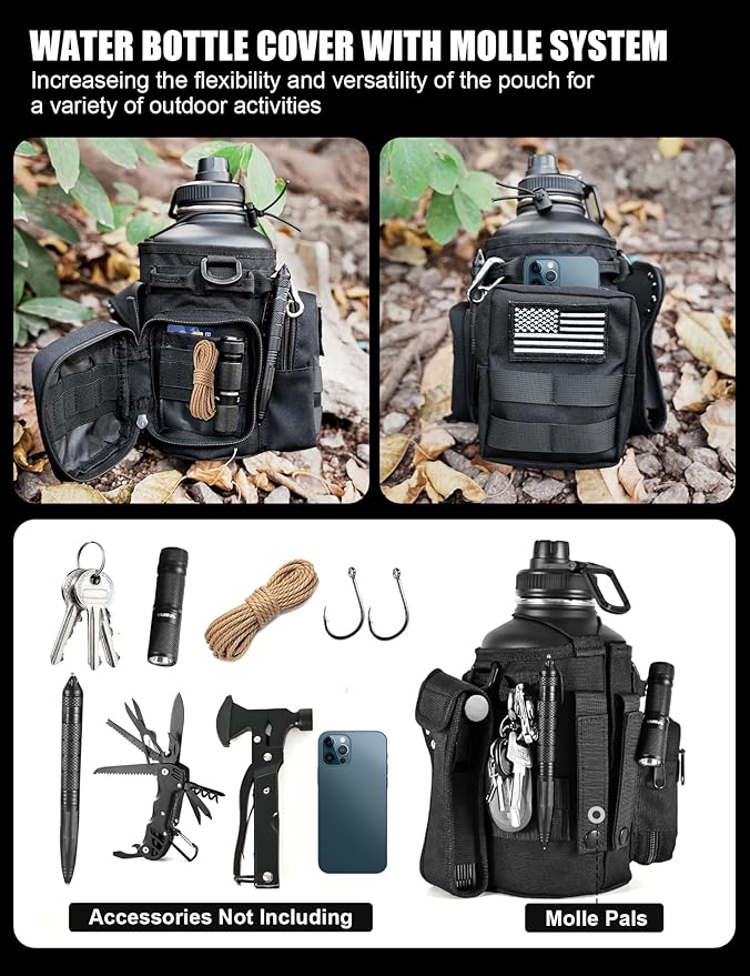 Tactical Half Gallon Water Bottle with Straw, 64 Oz Insulated Water Jug with Molle Water Bottle Holder, Stainless Steel Sport Bottle with 3 BPA Free Lids for Gym Workout Hiking (Black)