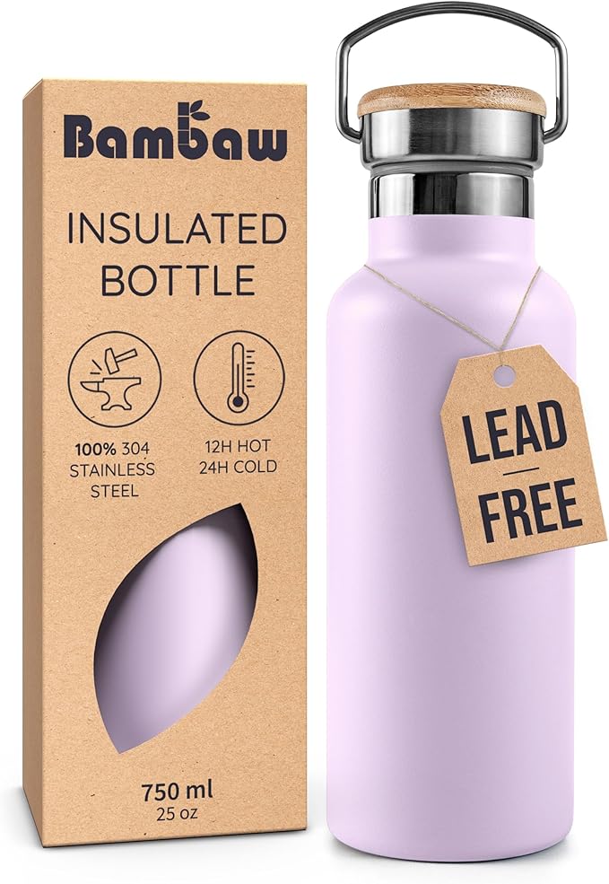 Bambaw Metal Water Bottle 24 oz, Insulated Stainless Steel Water Bottle for Hot & Cold Drinks, Made of High-Grade Stainless Steel, Rust-Resistant & Easy to Clean (Lavender Haze)